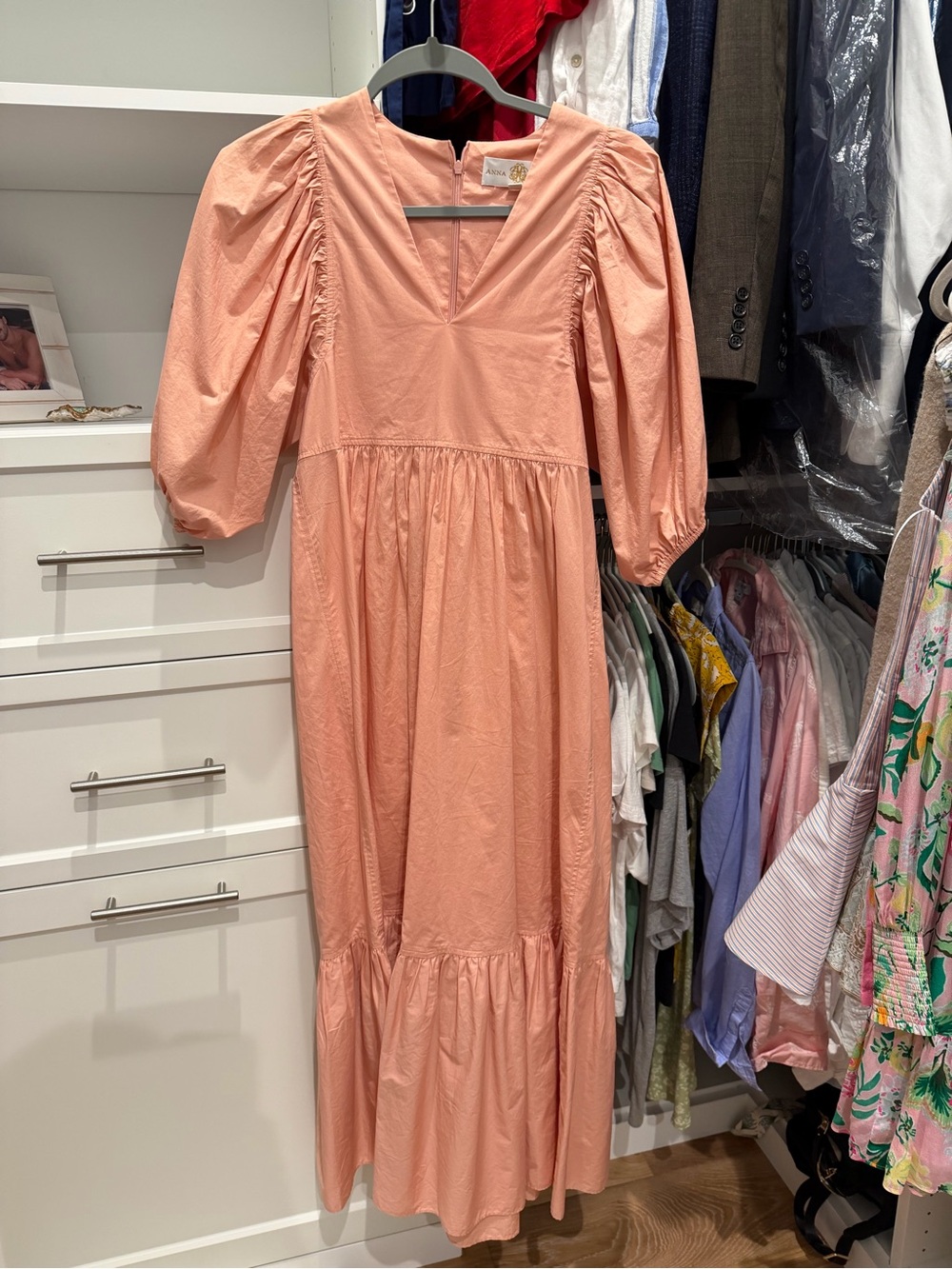 Peach V-Neck Maxi Dress with Puff Sleeves